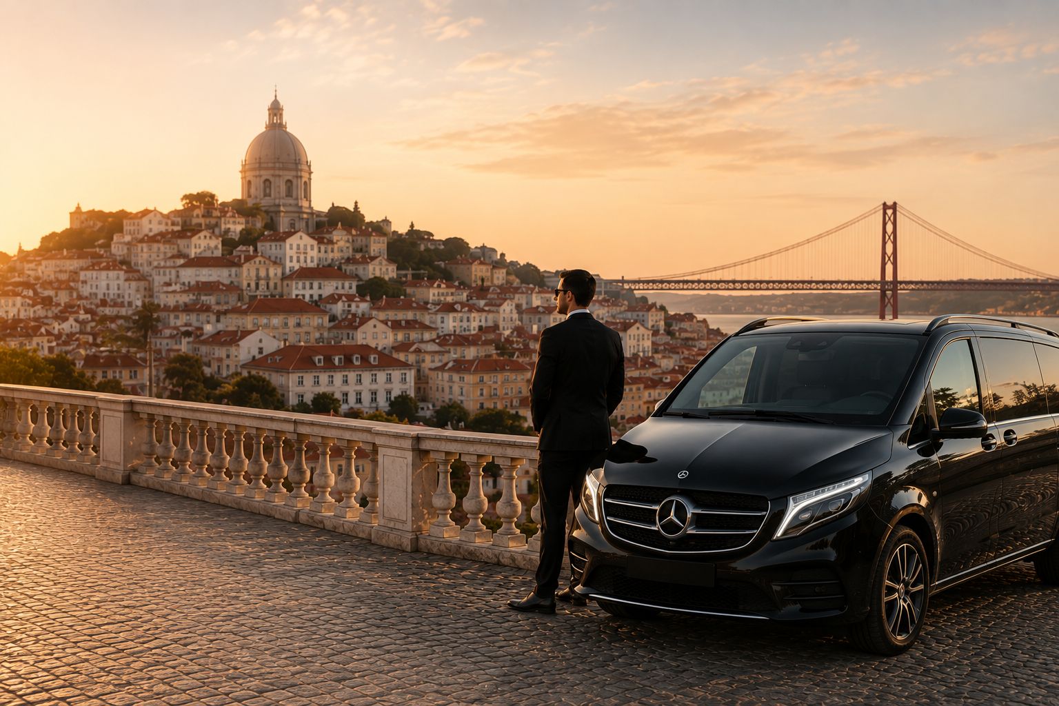 Private chauffeur beside Mercedes vehicle overlooking Lisbon